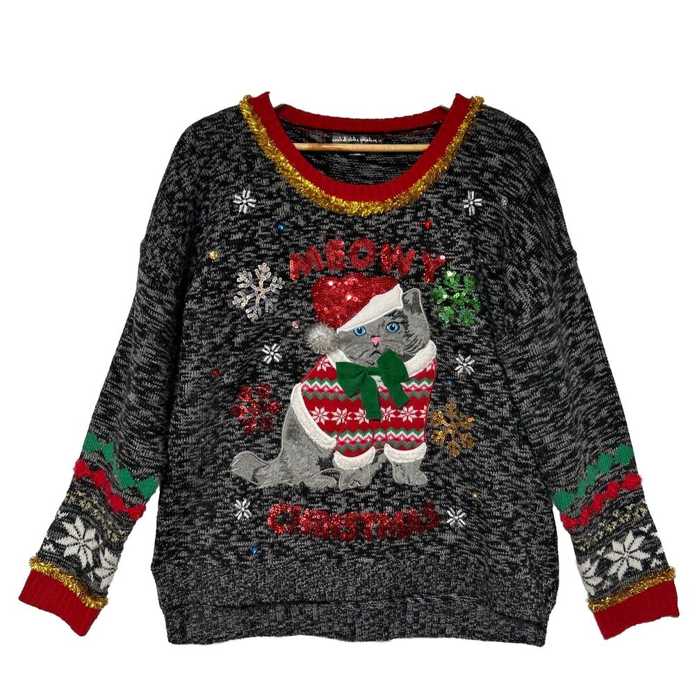 United States Sweaters Womens Holiday Sweater XL Gray Cat Meowy Christmas Bow